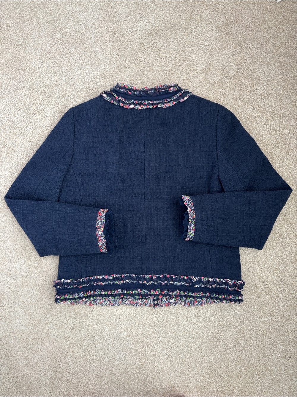 Navy tweed J. Crew Lady Jacket with Liberty floral trim & ruffled edges, size 10 - Picture 8 of 9